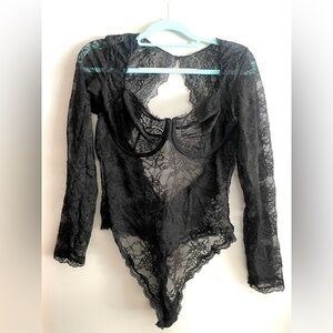 Victoria’s Secret Black Lace Lingerie Body Suit, Long Sleeve, Thong Style, NWT